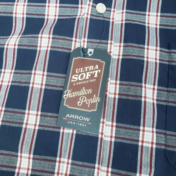 *Last Chance* NWT Men's Arrow Button Down Plaid Dress Shirt Hamilton Poplin Navy - Picture 5 of 7